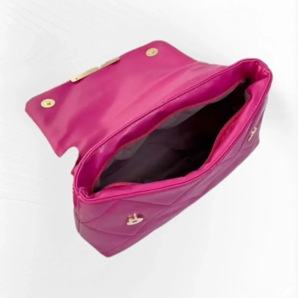 Pink Quilted Pattern Shoulder Crossbody Purse With Metal Decor Chain Strap